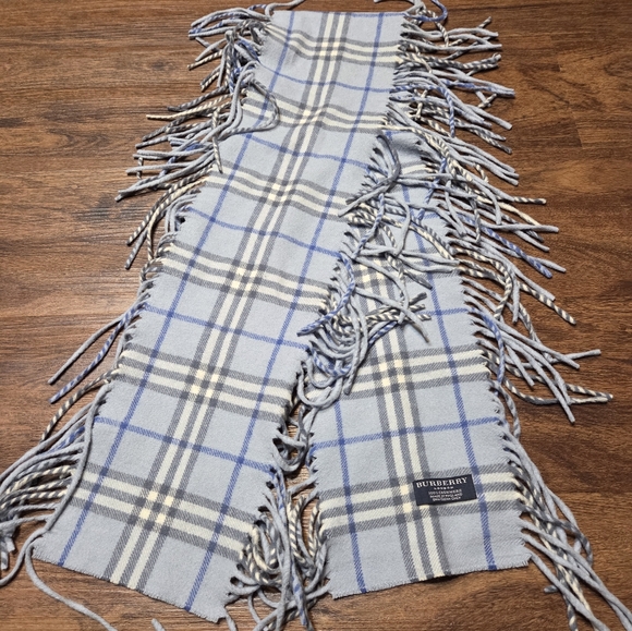Burberry Blue Plaid Cashmere Fringed Scarf - Picture 1 of 5